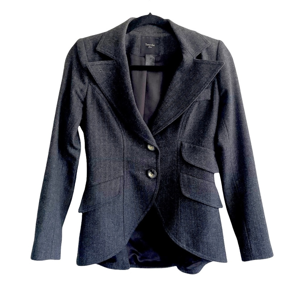 SMYTHE Wool Charcoal Gray Herringbone Equestrian Blazer Leather Elbow Patches 4